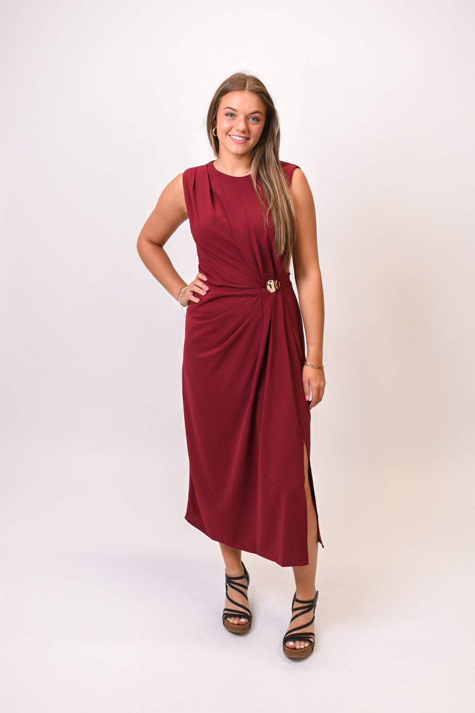 Sip And Sway Midi Dress in Burgundy