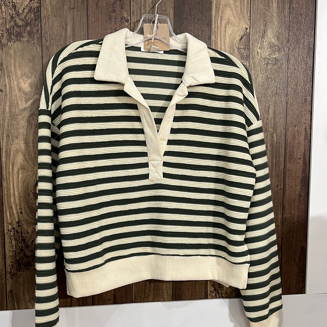 Stripes Of Green Collared Knit Top