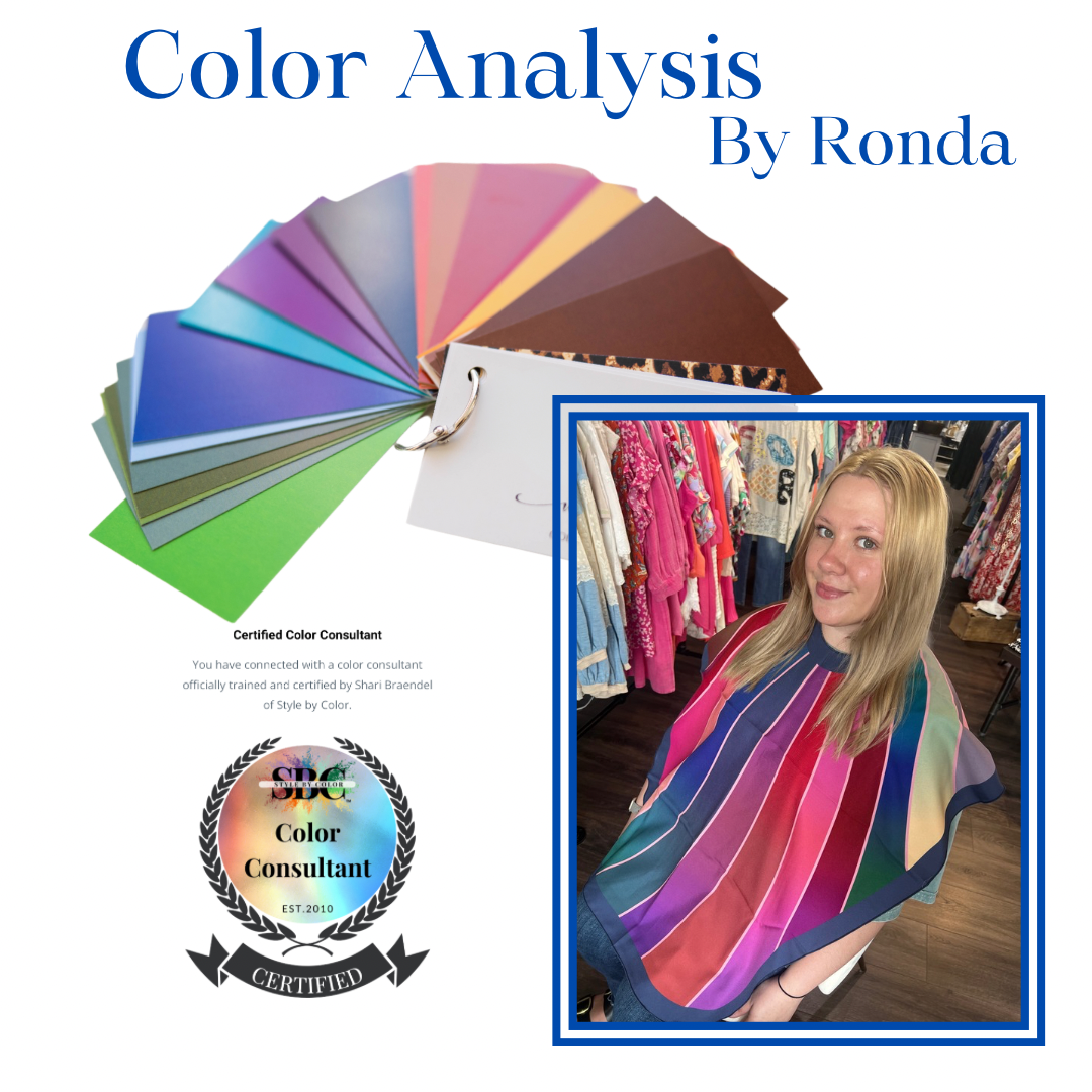 Woman holding a red fabric sample with another woman in a white dress against a plain background