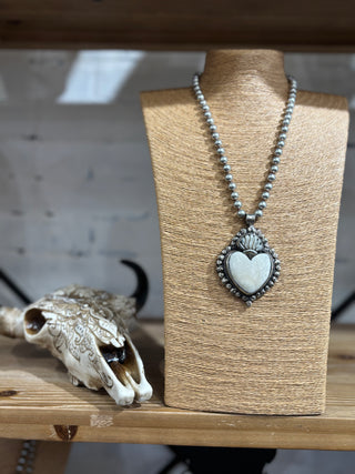 Heart Carved Bone Pendent Beaded Necklace