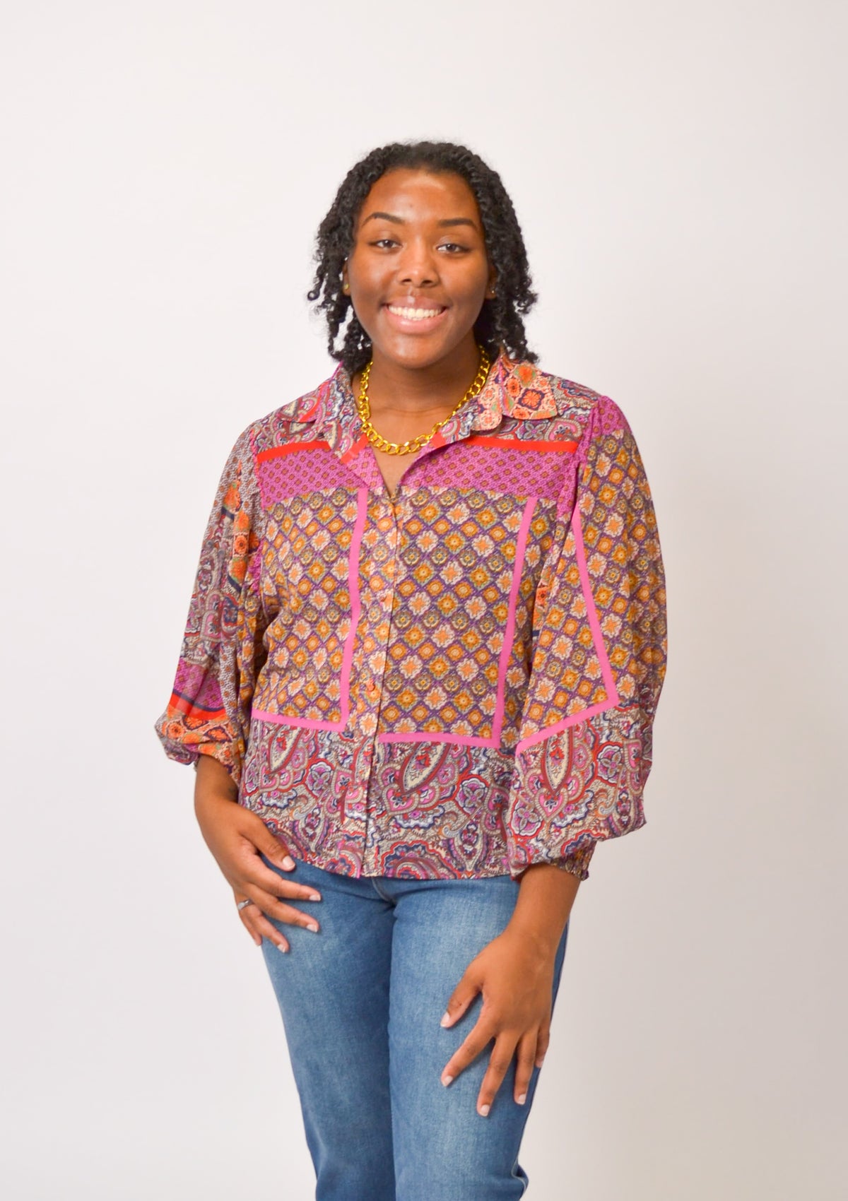 Bohemian Sunset Button Up Top Hot Pink/Red