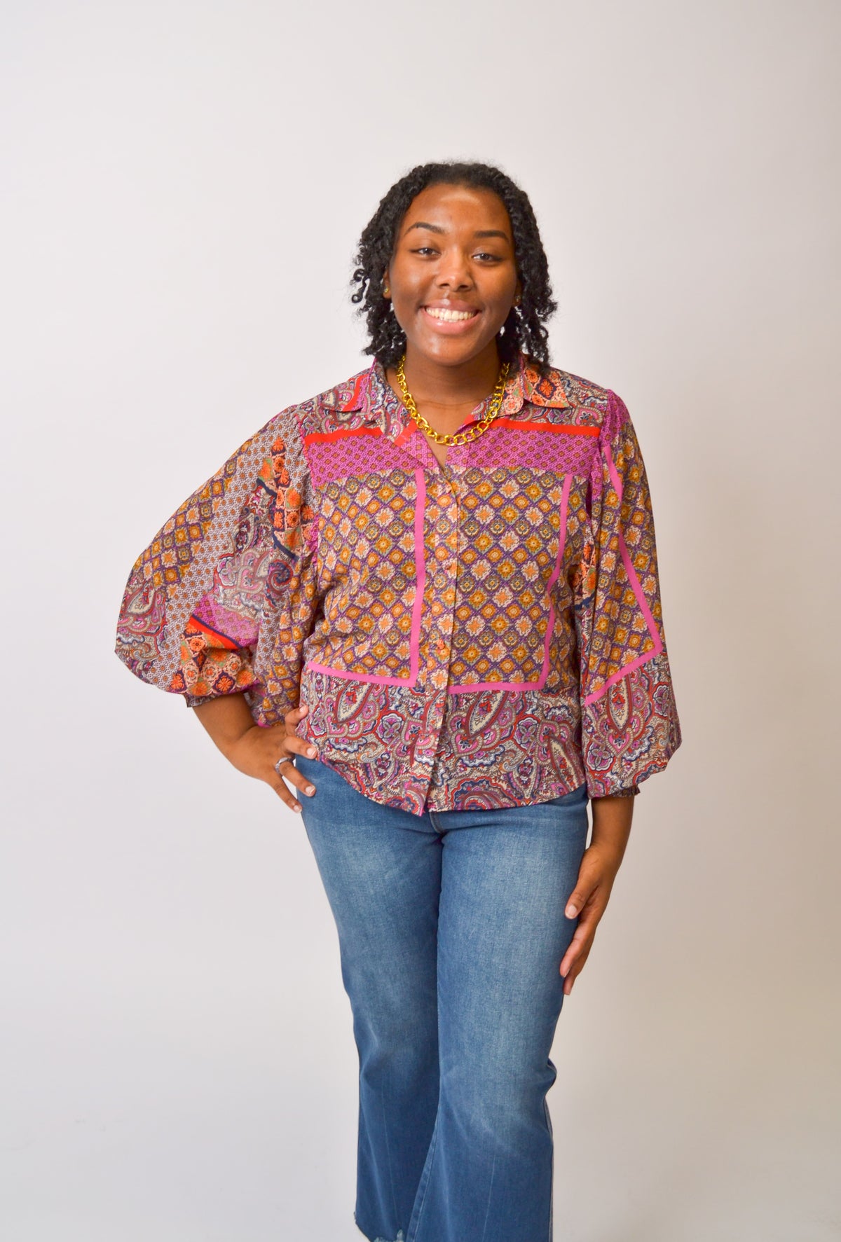 Bohemian Sunset Button Up Top Hot Pink/Red