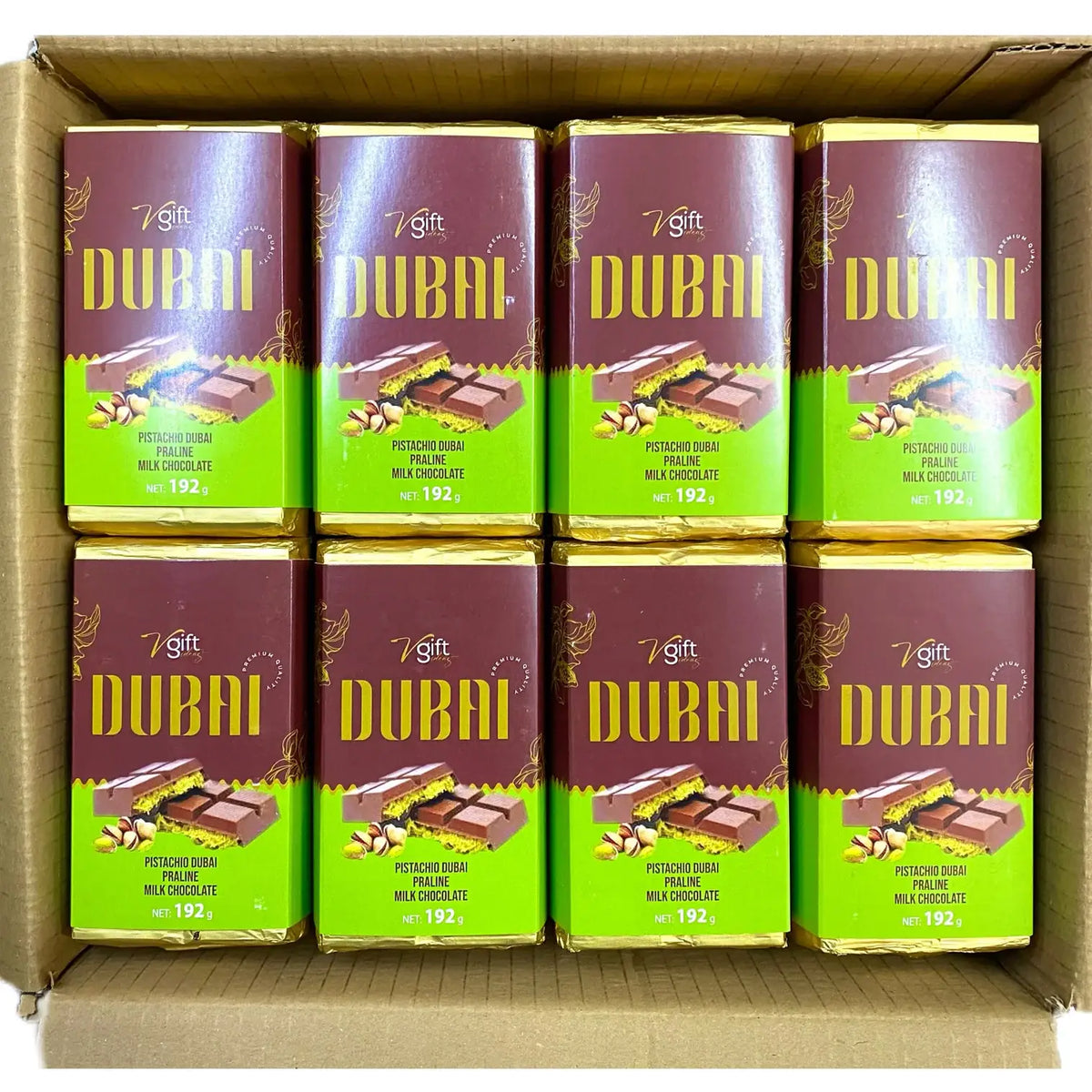V-Gift Pistachio Praline Dubai Chocolate Bar – Crispy 192gr: 10 Pieces (192g Each)