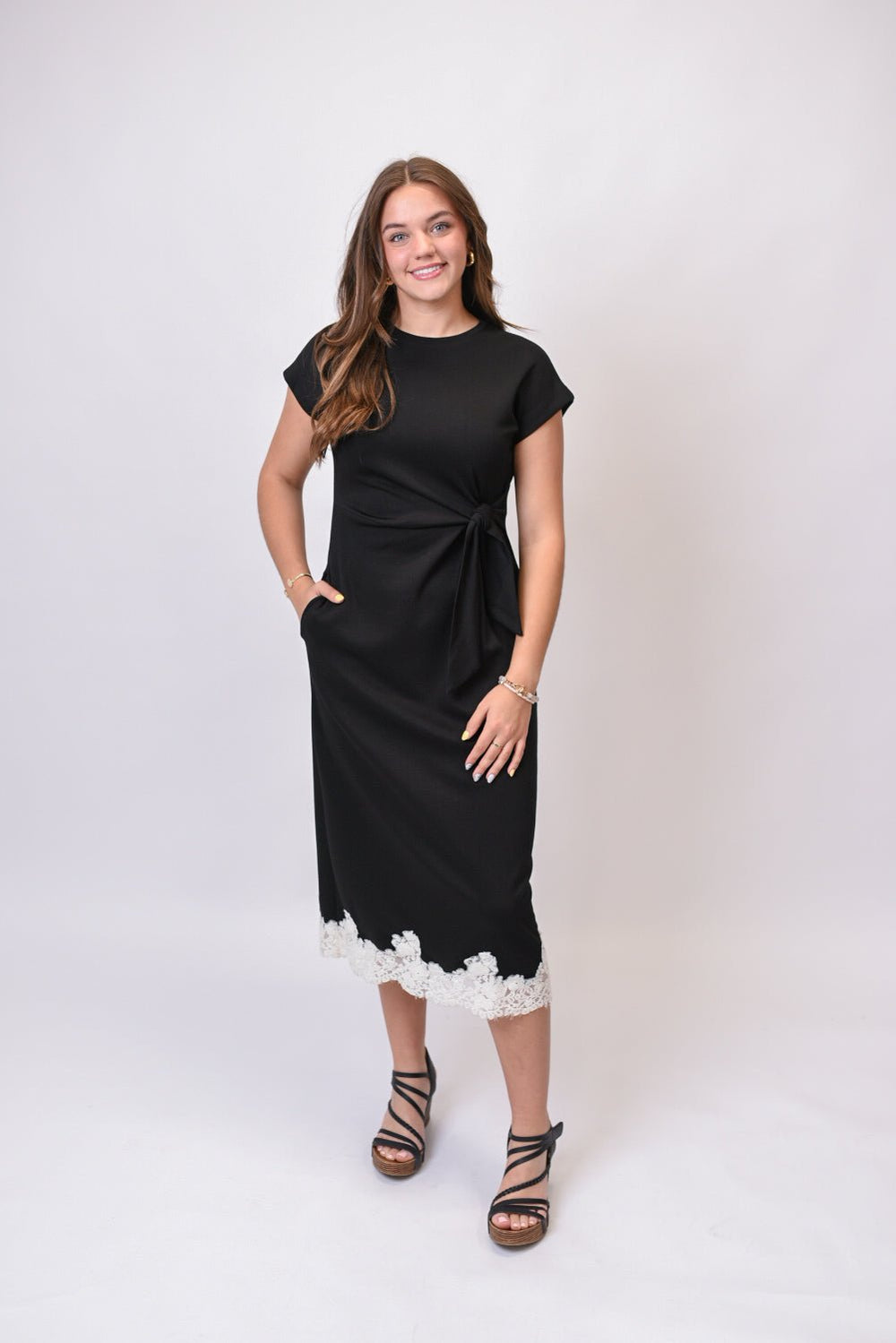 After Dark Lace Trim Midi Dress