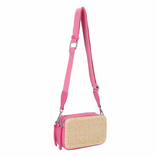 Jeena Two Tone Straw Crossbody Bag: Natural Fuchsia