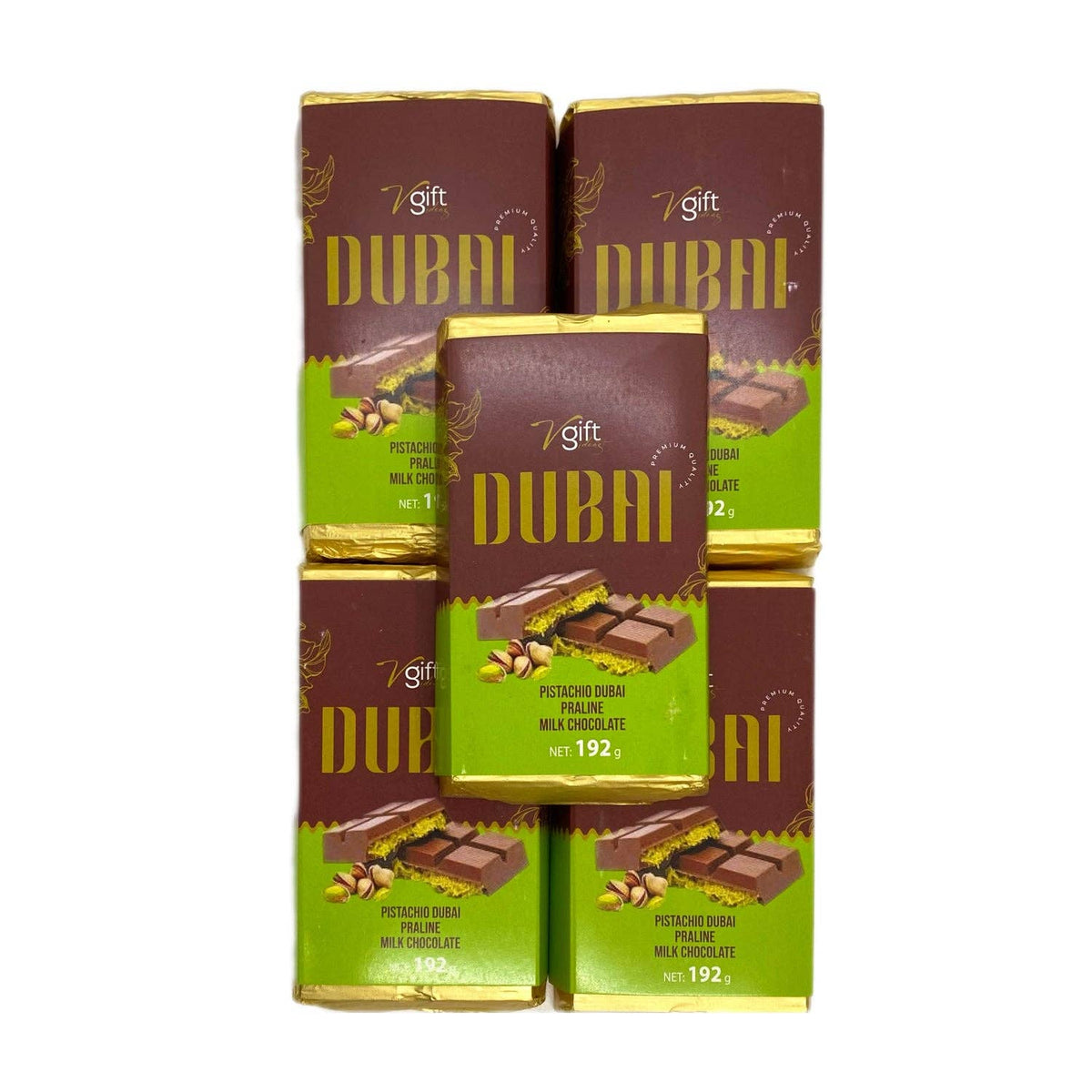 V-Gift Pistachio Praline Dubai Chocolate Bar – Crispy 192gr: 10 Pieces (192g Each)