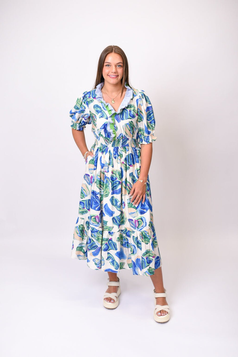 bright floral midi dress Tropics Andrea and Leo Couture FLOAT_RIB_2025 Color:light blue in lining