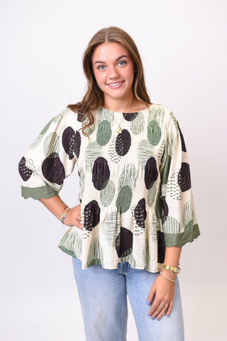Brushstroke Peplum Top in Olive - Shop Rust & Ruffles