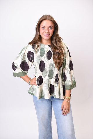Brushstroke Peplum Top in Olive - Shop Rust & Ruffles