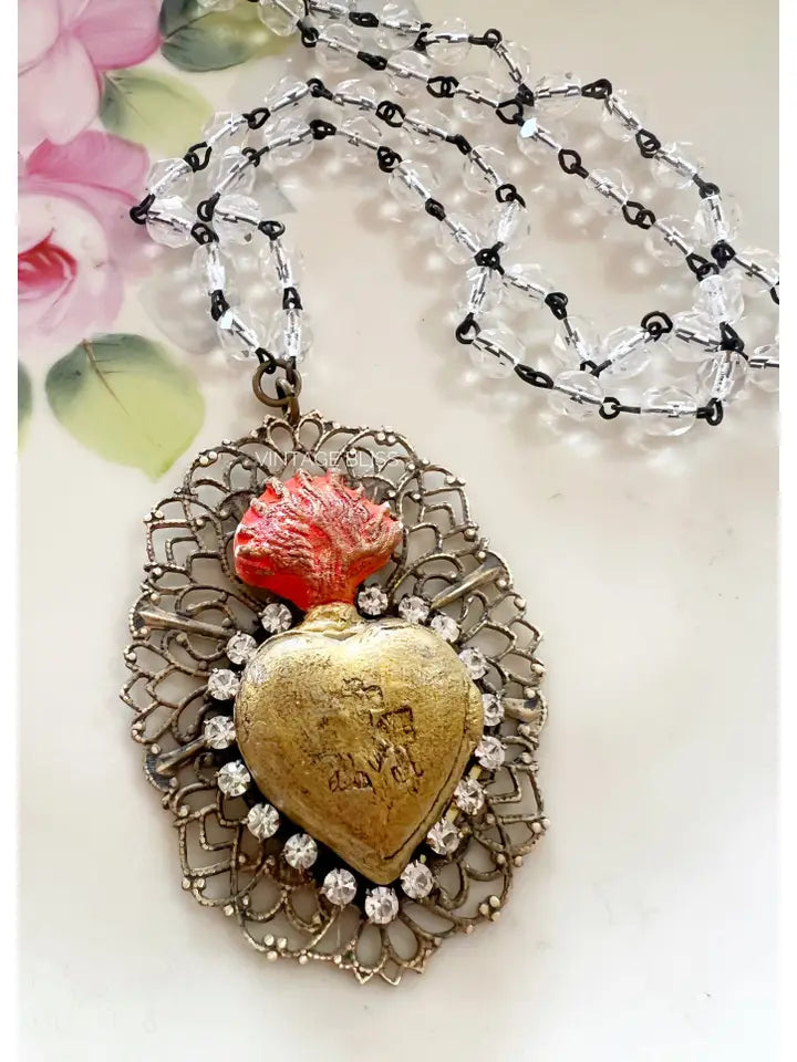 Sacred Heart Crystal Beaded Necklace