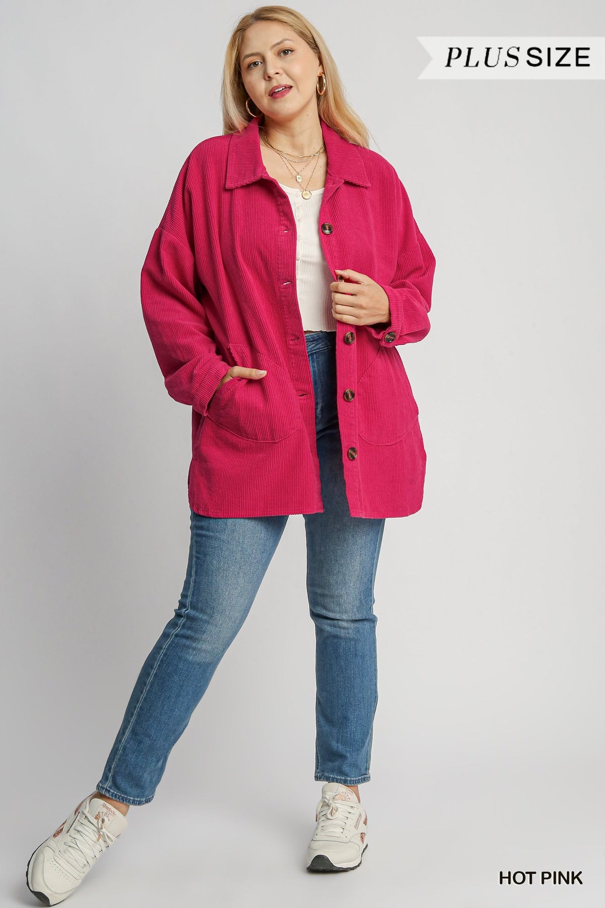 Candy Cord Shacket in Hot Pink Curvy