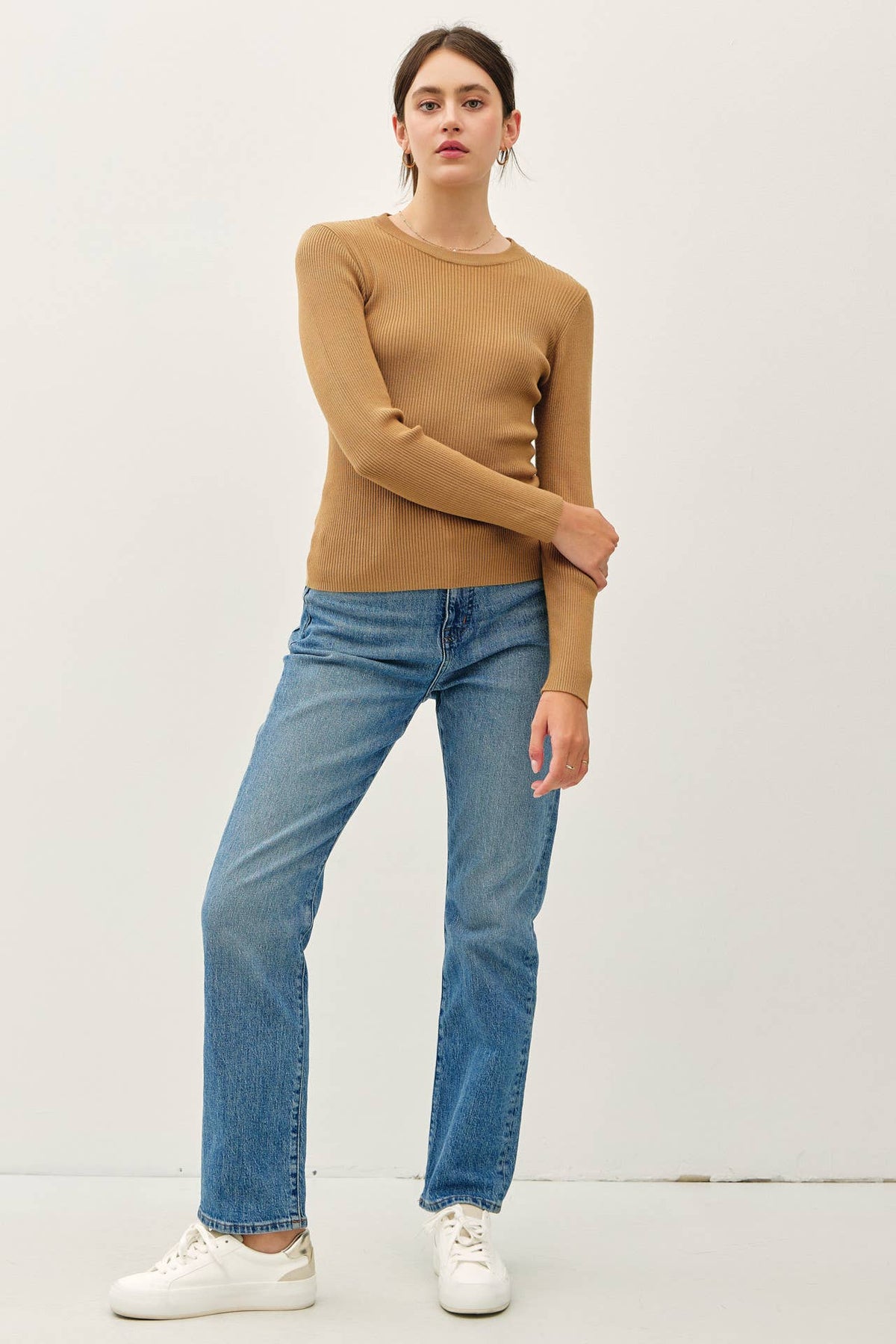 It's a Classic Ribbed Long Sleeve Sweater in Camel