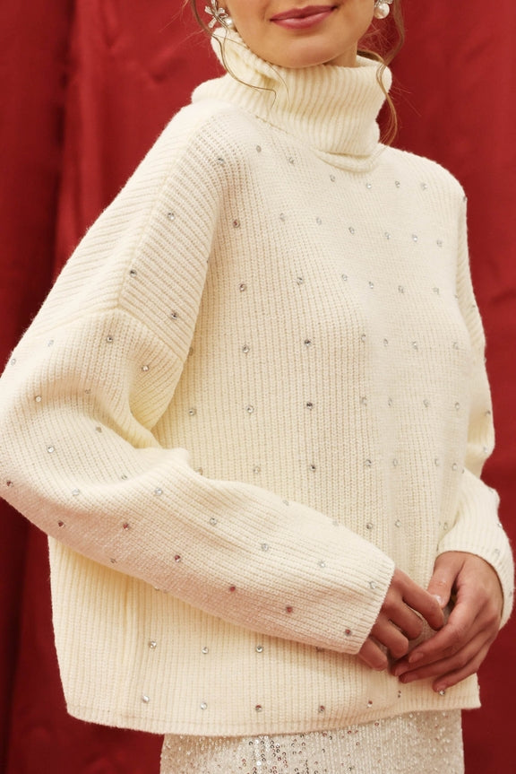 Frosted Sparkle Turtleneck Sweater in Ivory