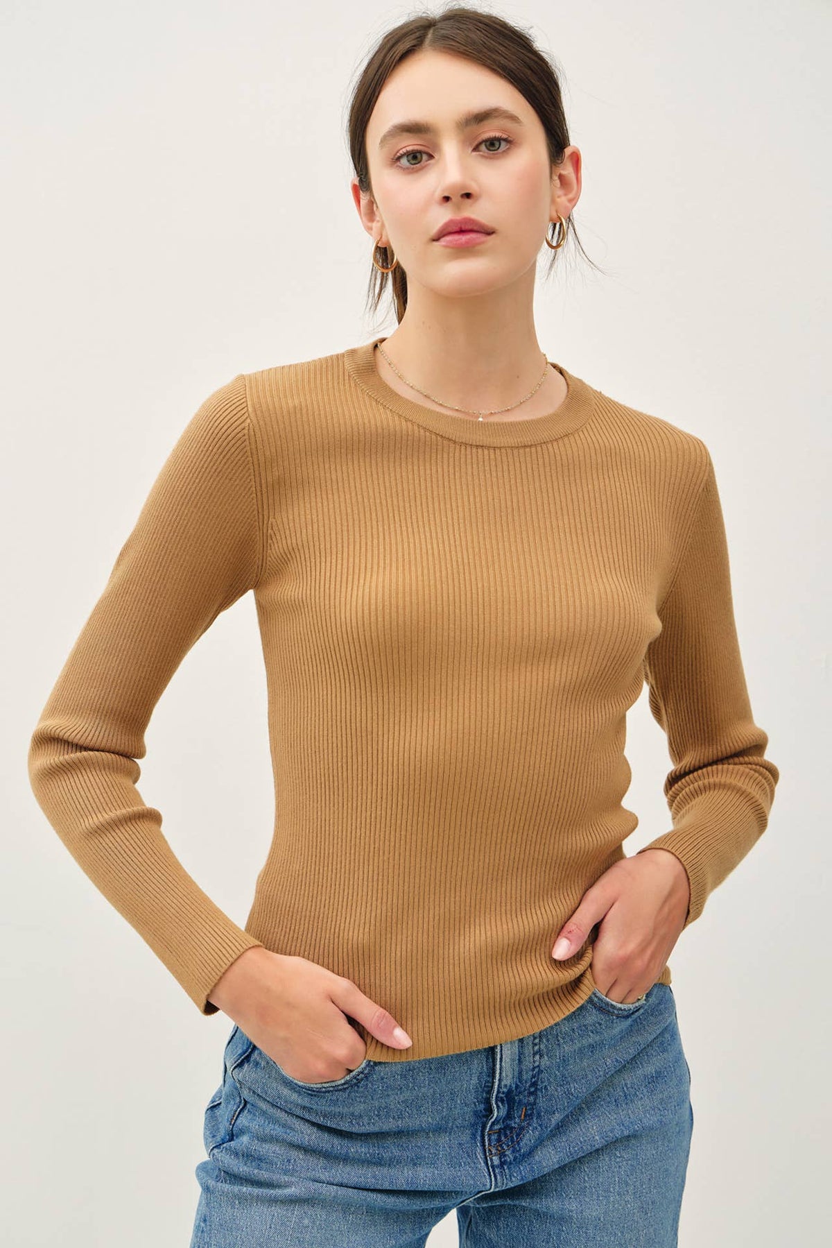 It's a Classic Ribbed Long Sleeve Sweater in Camel