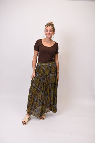 Harvest Plaid Crinkle Chiffon Maxi Skirt in Olive - Shop Rust & Ruffles