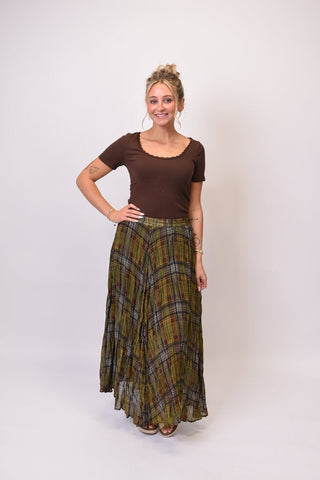 Harvest Plaid Crinkle Chiffon Maxi Skirt in Olive - Shop Rust & Ruffles