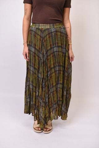 Harvest Plaid Crinkle Chiffon Maxi Skirt in Olive - Shop Rust & Ruffles
