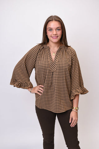 Hometown Gingham Plaid Blouse in Brown - Shop Rust & Ruffles