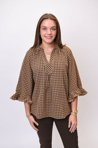 Hometown Gingham Plaid Blouse in Brown - Shop Rust & Ruffles