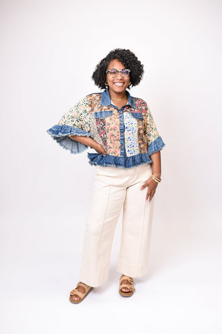 Patches Cropped Denim Jacket in Latte - Shop Rust & Ruffles