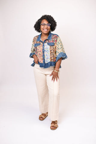 Patches Cropped Denim Jacket in Latte - Shop Rust & Ruffles