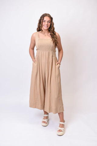 Riviera Smocked Jumpsuit in Taupe - Shop Rust & Ruffles
