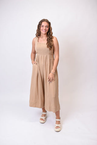 Riviera Smocked Jumpsuit in Taupe - Shop Rust & Ruffles