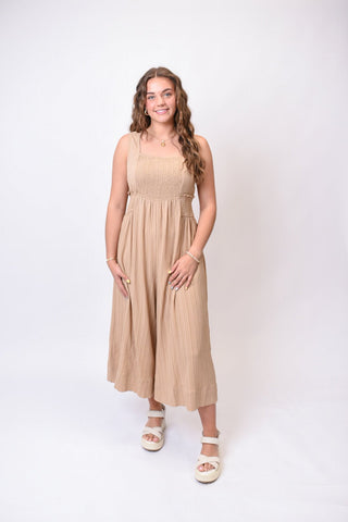 Riviera Smocked Jumpsuit in Taupe - Shop Rust & Ruffles