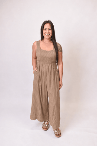 Riviera Smocked Jumpsuit in Taupe - Shop Rust & Ruffles