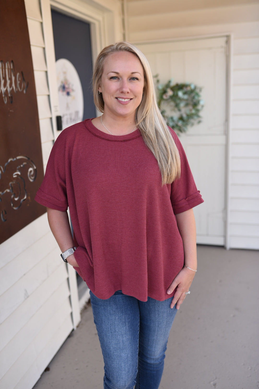 Carefree Vibes Waffle Knit Top in Wine