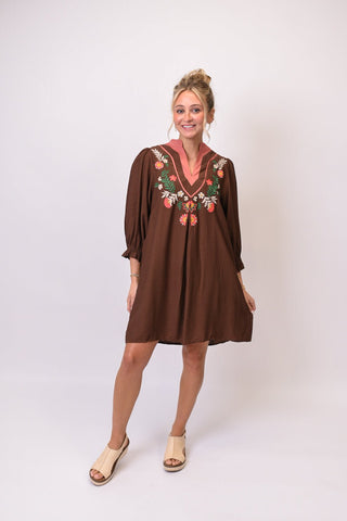 Storybook Floral Mini Dress in Brown - Shop Rust & Ruffles