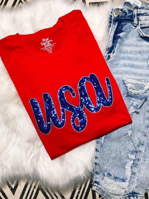 Red With Blue Sequins USA Graphic Tee