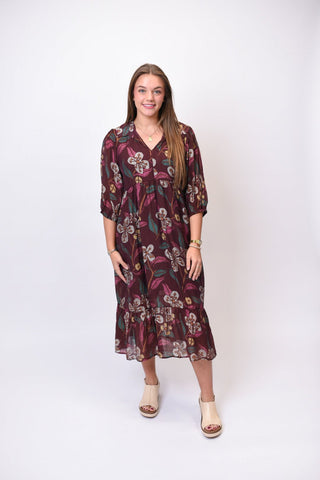 Wild Bloom Midi Dress in Burgundy - Shop Rust & Ruffles