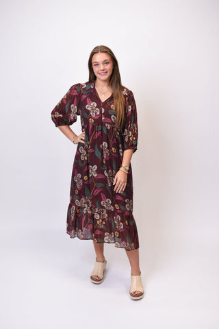 Wild Bloom Midi Dress in Burgundy - Shop Rust & Ruffles